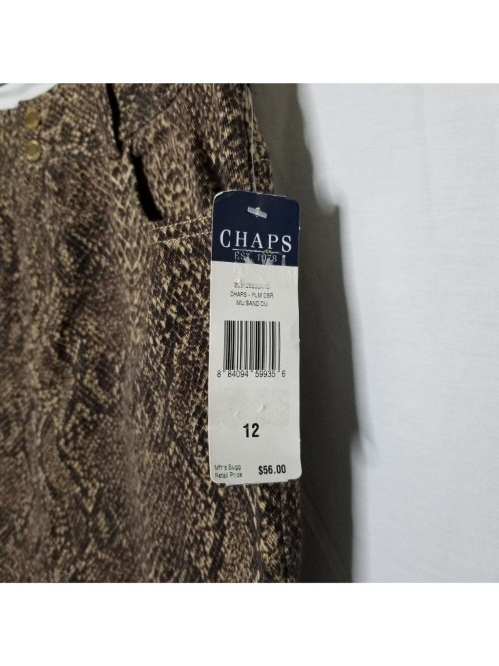 Chaps NWT Size 12 Skirt Knee Snake Reptile Print Stretch Denim Pockets Brown - Picture 4 of 7